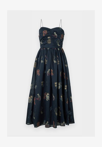 Robe midi noire sans manches avec fines bretelles, corsage froncé et motifs abstraits brodés multicolores.