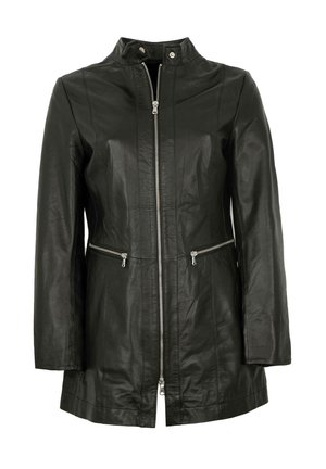 Schwarze Lederjacke mit Stehkragen, durchgehendem Reißverschluss, zwei Reißverschlusstaschen und einem eleganten, taillierten Design. Glatte Textur.