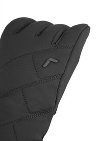Black insulated glove with a textured fabric, featuring stitched accents and a logo detail on the wrist area. Three finger design.