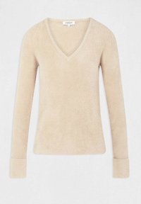 Pull à manches longues col en V en beige clair. Tissu texturé et doux avec des poignets ajustés et un ourlet droit. Design simple sans ornements.