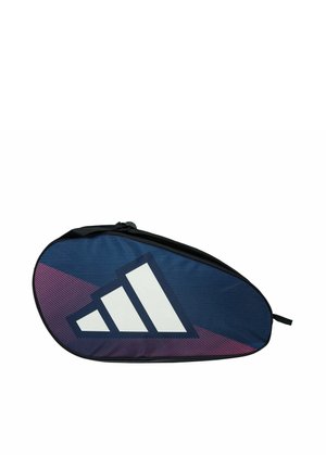 Tennistasche in Blau und Lila mit großem weißem Adidas-Logo, schwarzem Reißverschluss und Griff vor weißem Hintergrund.