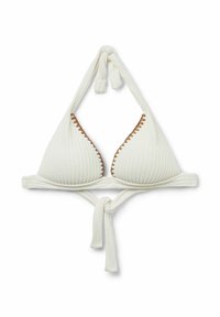 Hvid bikini-top med et tekstureret ribbet design. Har trekantede skåle, en knyttet halterneck og kontrastfarvet brun bølgekant.