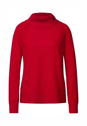 Roter Strickpullover mit hohem, strukturiertem Kragen und Knopfdetail an der linken Schulter; eng anliegende Ärmel und gerippter Saum.