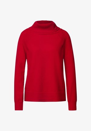 Czerwona sweter z dzianiny z wysokim, teksturowanym kołnierzem i detalem w postaci guzików na lewym ramieniu; dopasowane rękawy i ściągacz na dole.