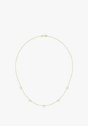 Collier en chaîne couleur or doté de cinq petits accents en forme de cœur, avec une finition texturée fine et un fermoir sécurisé.