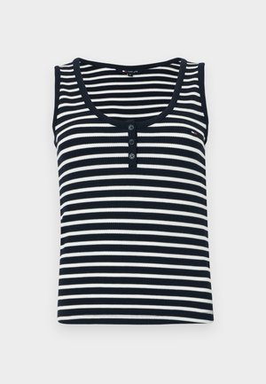 Navy ir baltos juostelės be rankovių marškiniai, su įmušimo tekstūra, suapvalintu iškirpimu ir trimis mygtukais priekyje.