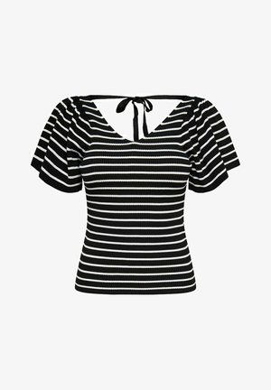 Schwarz-weiß gestreiftes Oberteil mit kurzen Puffärmeln, einem runden Ausschnitt und einer Schleifenrückendetail. Hergestellt aus einem gerippten, strukturierten Stoff.