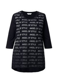 Schwarzes Langarmshirt mit einem wiederholten Textmuster "ANGEL OF STYLE" in Silber. Runder Ausschnitt und leicht geschwungener Saum.