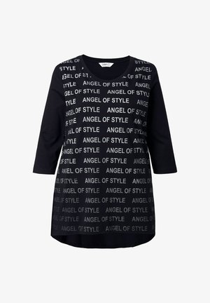 Schwarzes Langarmshirt mit einem wiederholten Textmuster "ANGEL OF STYLE" in Silber. Runder Ausschnitt und leicht geschwungener Saum.