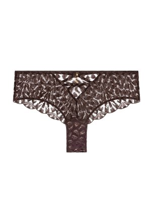 Sous-vêtements pour femmes en dentelle marron avec des motifs floraux et des bords festonnés, présentant un petit charme en or au centre de la ceinture avant.