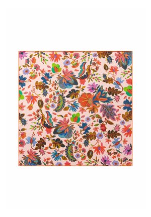 Motif floral coloré sur un fond rose, présentant des designs complexes en bleu, vert, rouge et or, avec des formes et des textures variées.