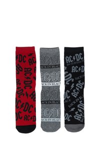 Tre paia di calzini crew con loghi degli AC/DC. Colori: rosso con testo nero, grigio con dettagli neri e nero con testo grigio.