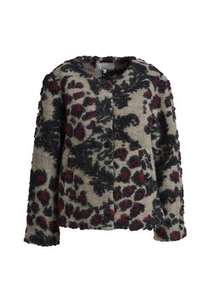 Wolljacke mit schwarz-roten Blumenmustern auf beigem Hintergrund, Rundhalskragen, Vorderknöpfen und zwei vorderen Taschen.