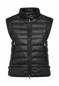 Czarna kamizelka bez rękawów z pikowanym wzorem, z wysokim kołnierzem, zamkiem z przodu i dwiema kieszeniami na zamek błyskawiczny. Gładki, ocieplany materiał.