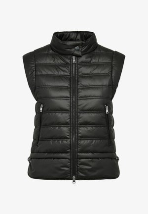 Czarna kamizelka bez rękawów z pikowanym wzorem, z wysokim kołnierzem, zamkiem z przodu i dwiema kieszeniami na zamek błyskawiczny. Gładki, ocieplany materiał.