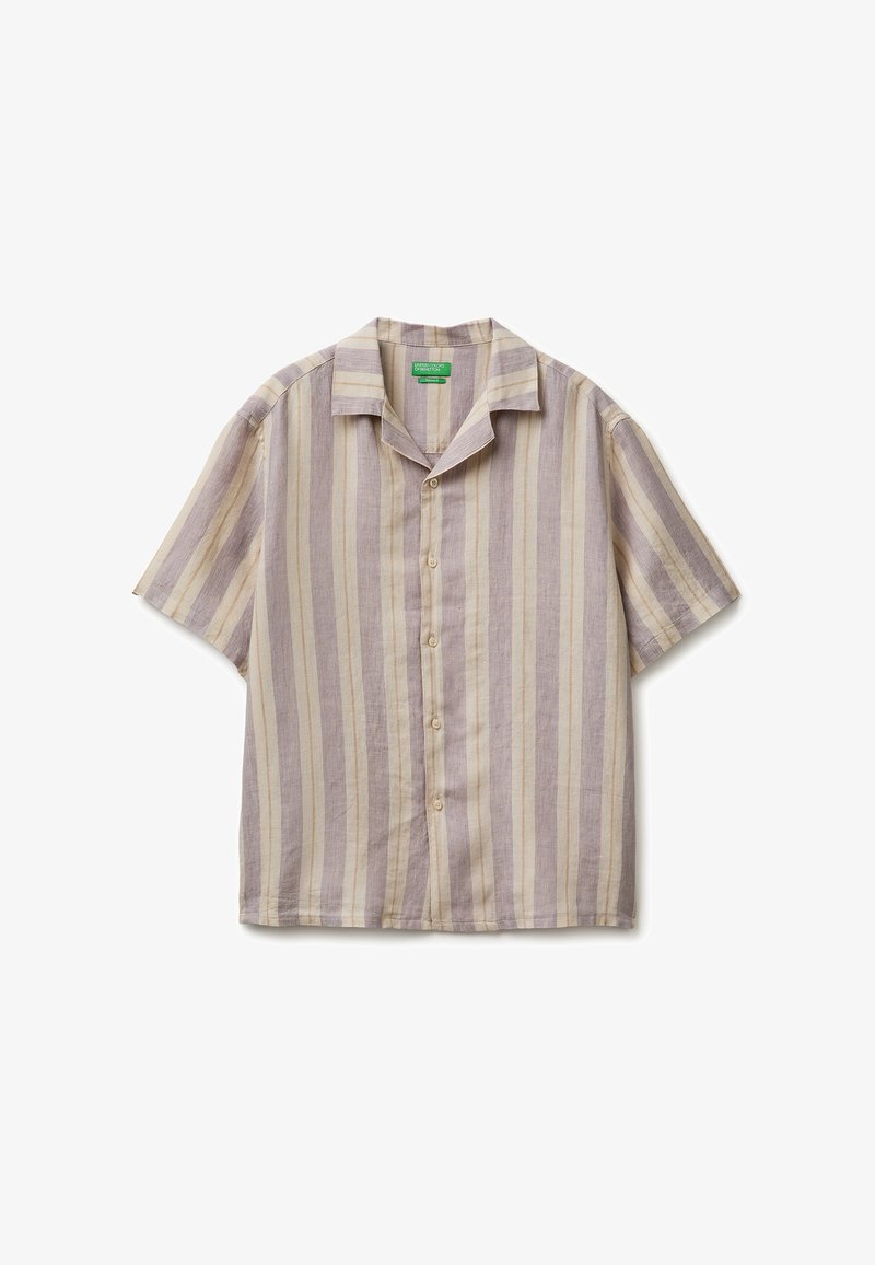 Chemise à manches courtes boutonnée avec des rayures verticales beige et marron clair et un col cranté, posée à plat sur fond blanc.