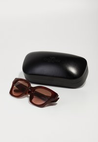 Ochii de soare din acetat maro cu lentile colorate și rame unghiulare, lângă un etui rectangular negru cu logo-ul Coach.