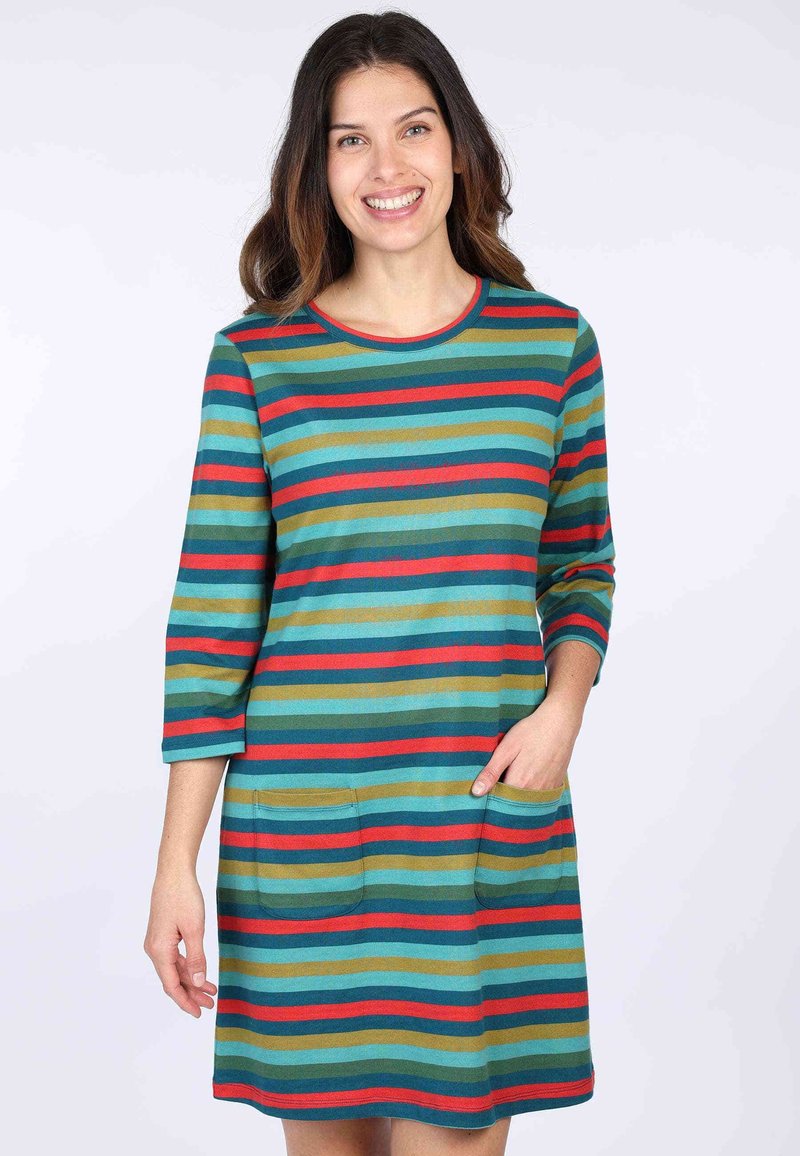 Gestreiftes Kleid mit Dreiviertelärmeln, das türkisfarbene, rote und olivgrüne Streifen aufweist. Enthält zwei vordere Taschen. Weiches Strickgewebe.