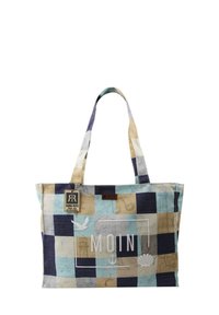 Leinen-Einkaufsbeutel mit einem Patchwork-Design in Hellblau, Beige und Marineblau. Zeigt den Text „MOIN“ und dekorative nautische Illustrationen.