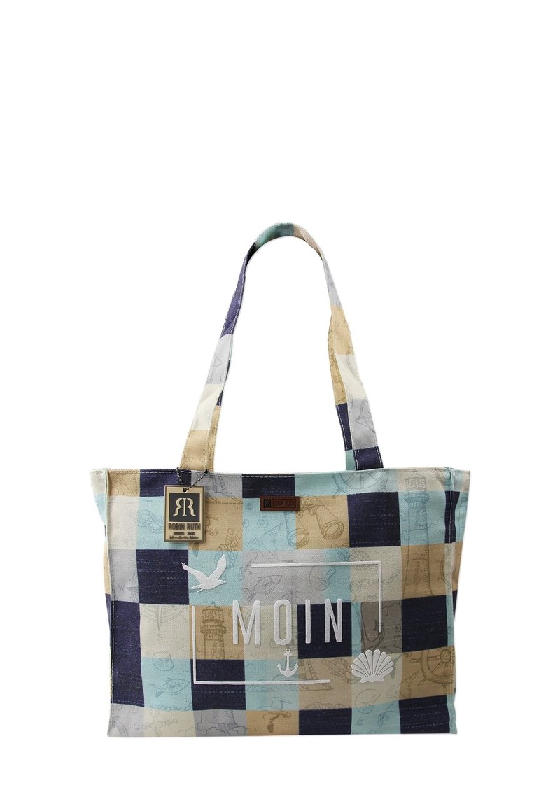 Leinen-Einkaufsbeutel mit einem Patchwork-Design in Hellblau, Beige und Marineblau. Zeigt den Text „MOIN“ und dekorative nautische Illustrationen.