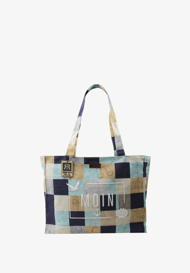 Canvas draagtas met een patchworkontwerp in lichtblauw, beige en marineblauw. Toont de tekst "MOIN" en decoratieve nautische illustraties.