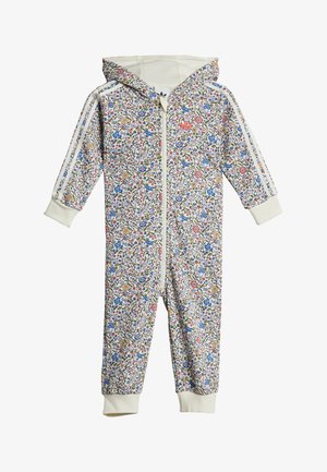 Floral-patterned hooded onesie in shades of cream, blue, red, and yellow with front zipper, ribbed cuffs, and white side stripes.