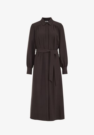 Brown button-up dress with long sleeves, a tie waist belt, and pleated detailing at the shoulders. Soft fabric, floor-length design.
