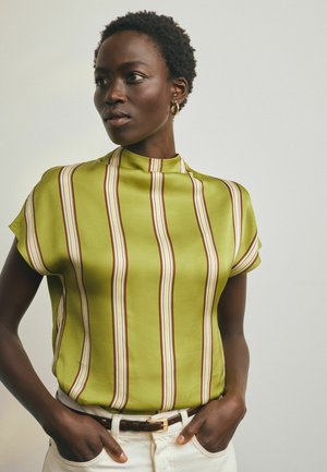Next, SATIN SHORT SLEEVE TOP - Bluză - olive green stripe