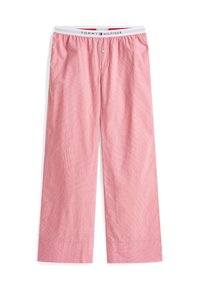 Pantalons de lounge à carreaux rouges et blancs avec une taille élastique et un détail de bouton. Fabriqués en tissu léger avec une coupe décontractée.