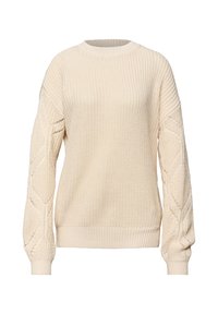 Krémově zbarvený pletený svetr s kulatým výstřihem, strukturovaným tělem a copánkovým vzorem na rukávech. Měkká, mírně hrubá látka.