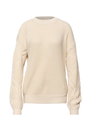 Crèmekleurige gebreide trui met een ronde hals, een gestructureerd lijfje en een kabelpatroon op de mouwen. Zachte, ietwat dikke stof.