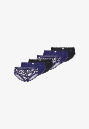 Vijf paar damesonderbroeken in marineblauw en zwart, met verschillende patronen en kantafwerking langs de tailleband.