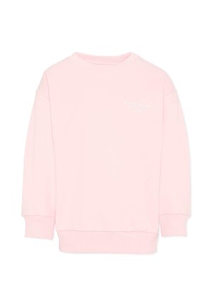 Jasnoróżowa bluza z długim rękawem, z prążkowanymi mankietami i krawędzią, okrągłym dekoltem i subtelnym białym logo tekstowym na lewej piersi.