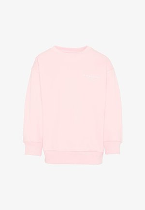 Jasnoróżowa bluza z długim rękawem, z prążkowanymi mankietami i krawędzią, okrągłym dekoltem i subtelnym białym logo tekstowym na lewej piersi.