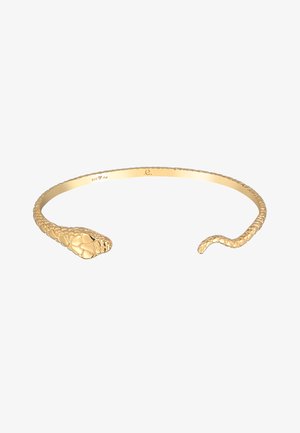 Goldfarbener, schlangenförmiger Armreif mit strukturierten Oberflächen, der an den Enden detaillierte Schuppen aufweist. Elegantes und offenes Design für einfaches Tragen.
