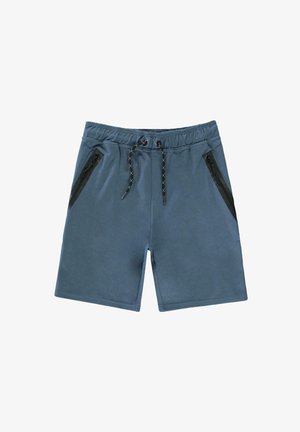 Blauwe sportshorts gemaakt van zachte stof, met een elastische tailleband, trekkoord en zwarte ritssluitingen aan elke kant.