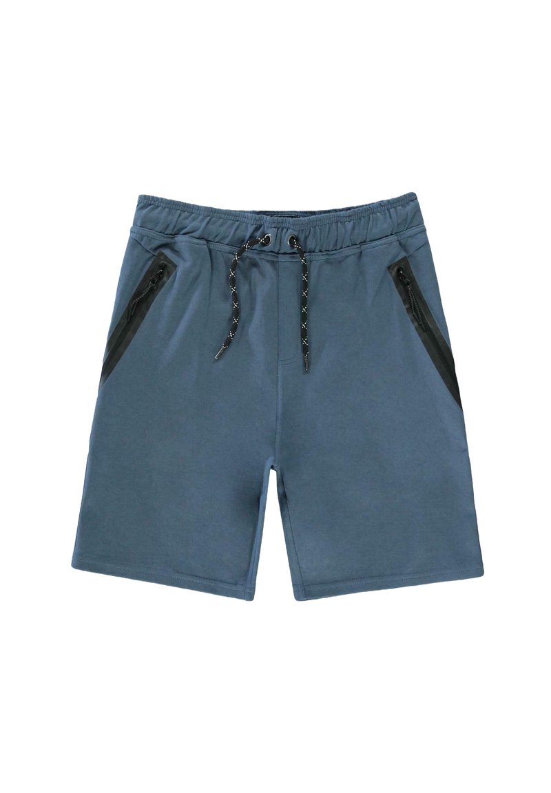 Blauwe sportshorts gemaakt van zachte stof, met een elastische tailleband, trekkoord en zwarte ritssluitingen aan elke kant.