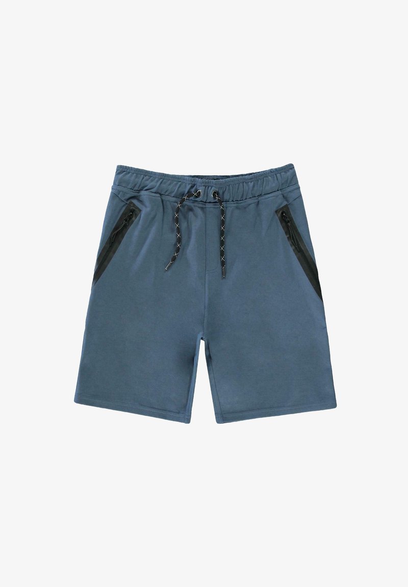 Blauwe sportshorts gemaakt van zachte stof, met een elastische tailleband, trekkoord en zwarte ritssluitingen aan elke kant.