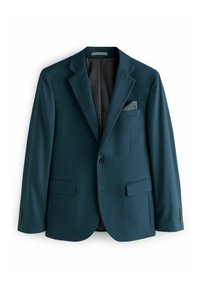 Mörk teal blazer med en knappstängning, v-formade slag, två sidofickor och en bröstficka med en grå ficknäsduk. Fodrad insida.