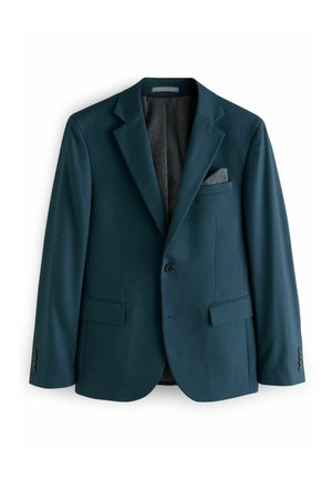 Mörk teal blazer med en knappstängning, v-formade slag, två sidofickor och en bröstficka med en grå ficknäsduk. Fodrad insida.