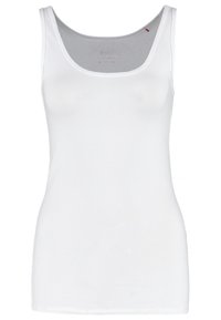 Débardeur blanc sans manches avec encolure arrondie, coupe ajustée et bords sans coutures, présenté à plat sur fond blanc.