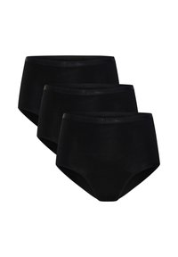 Trois paires de culottes en coton noires taille haute, avec une texture lisse et une ceinture élastique simple portant un logo discret.