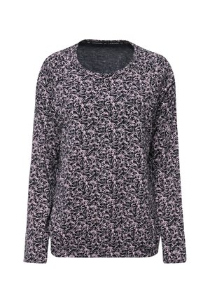 Camiseta de manga larga hecha de una tela suave, con un fondo oscuro y un patrón abstracto en rosa y un cuello redondo. Textura suave.