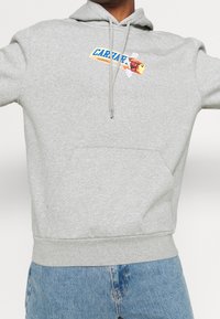 Lichtgrijze hoodie met een voorzak, verstelbare trekkoorden en een kleurrijke grafische print met het woord "CARHARTT" en een designelement.