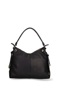 Sac à main en cuir noir avec une forme décontractée, présentant des accents en métal doré, une fermeture éclair et des straps réglables. Extérieur texturé.