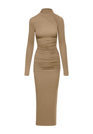 Pikenditega sobiv kleit beežis, millel on kõrge kaelus ja asümmeetriline disain, kaunistatud kogu kehaga volditud detailidega. Sile tekstuur.