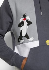 Sudadera gris y azul marino con un gran gráfico de Silvestre el Gato y un pequeño acento de Piolín, fabricada con una suave mezcla de algodón.