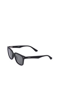 Lunettes de soleil rectangulaires noires avec verres foncés et branches fines, nom de la marque "POLICE" visible sur le côté de la monture.