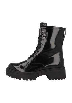 Black patent leather ankle boots with a lace-up front, rugged sole, and a small loop at the back for easy wear. Chunky heel design.