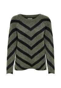 Pull vert en tricot avec des rayures chevrons noires, col rond et manches longues. Texture douce avec une coupe décontractée.